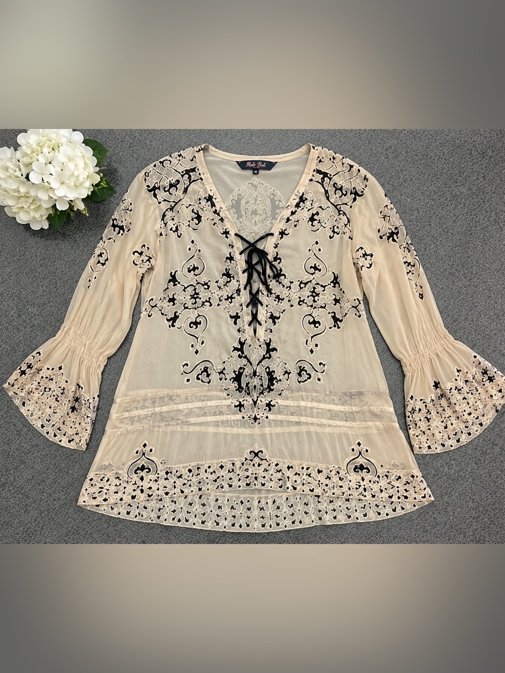 Hale Bob Silk Sheer Lace-Up Tunic M Cream Black Romantic Boho 70% Silk - Picture 2 of 10